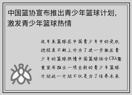 中国篮协宣布推出青少年篮球计划，激发青少年篮球热情