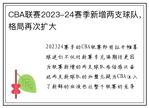 CBA联赛2023-24赛季新增两支球队，格局再次扩大